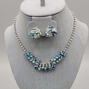 Womens Vintage MF AB Aurora Borealis Rhinestone Fashion Necklace & Earrings Set